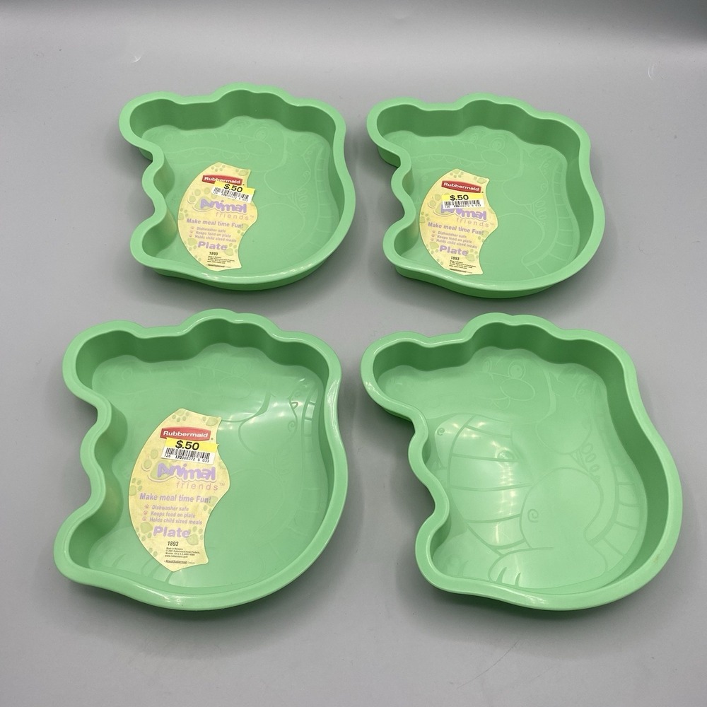 Rubbermaid‎ Animal Friends Dinosaurs Snack Plates 4 Pc Vintage 2001 Y2K Green 7"